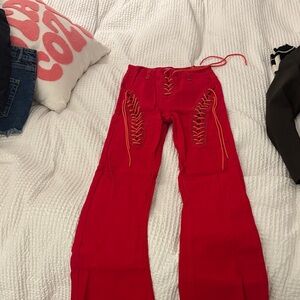 Edikted Red Lace-Up Flare Pants